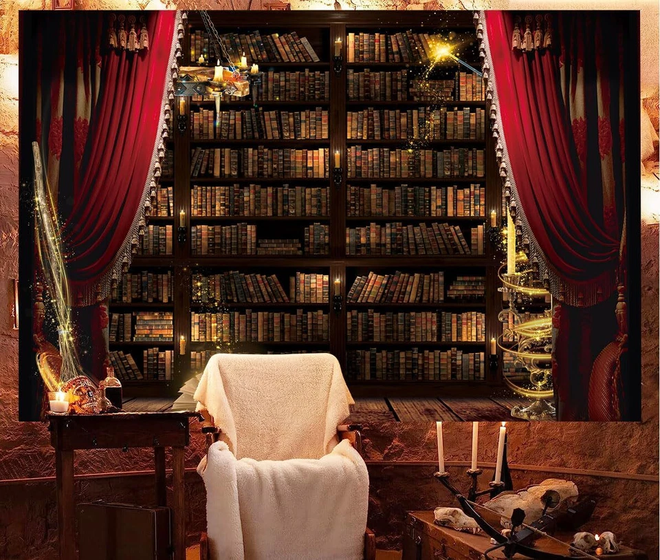 Magic Library Bookshelf backrop Magic Books Wand Broom Curtain Background - Image 3 of 4