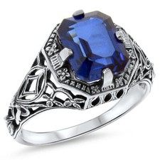 DECO ANTIQUE STYLE 925 STERLING SILVER 3 Ct BLUE SIMULATED SAPPHIRE RING  414