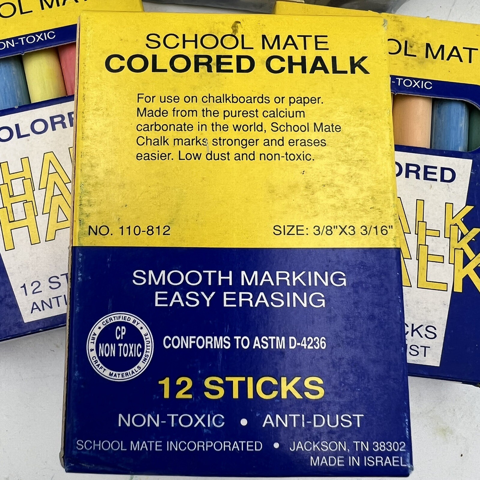 NOS School Mate Lot 11 Boxes = 108 Colored Chalk Anti Dust Non Toxic Made Israel