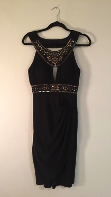 NEW Women's SUE WONG Nocturne Black & Gold BEADED Grecian COCKTAIL DRESS Size 6