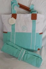 Pottery Barn Kids Harper Aqua Color Block Diaper Tote Bag "V" NWT