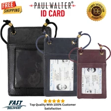 Genuine Leather ID Card Holder Neck Strap Travel Wallet String Bag