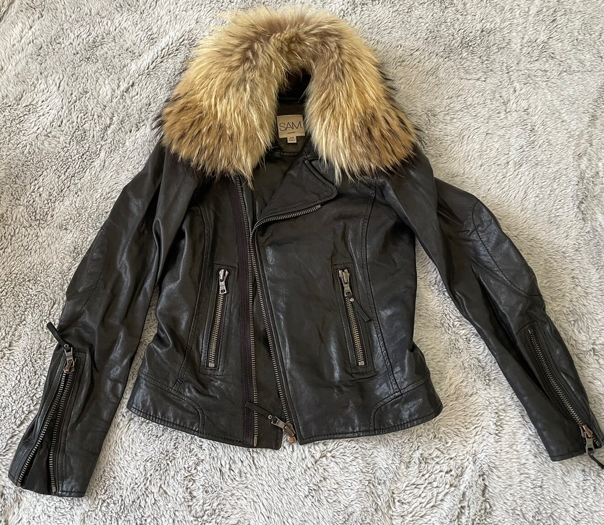 ジャケット・アウター archive raccoon fur leather jacket Men's Autumn Winter Leather Jackets Short Lapel Raccoon Fur