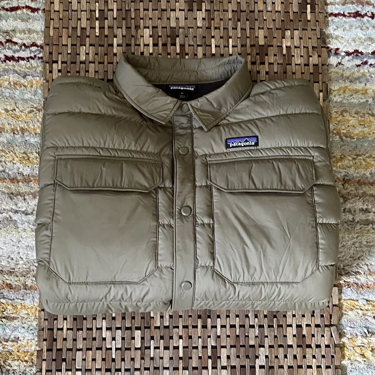 Patagonia Silent Down Snap Shirt Jacket Tan Green Khaki Ultralight