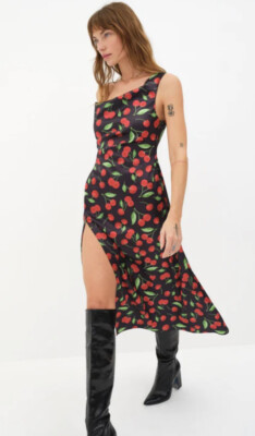 For Love & Lemons Xena Cherry Print Asymmetrical Slit Midi