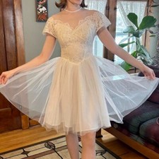 Vintage WEDDING DRESS 1950s Tea Length White Lace Drop Waist Sweetheart Neckline