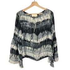 Nicole Miller Artelier Silk Gray Drip Print Flare Bell Sleeve Blouse M