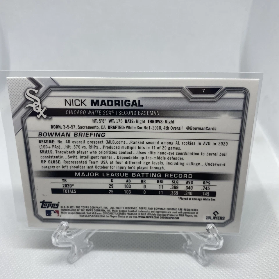 2021 Bowman Chrome #7 NICK MADRIGAL Chicago Cubs ROOKIE CARD RC - Image 2 of 2