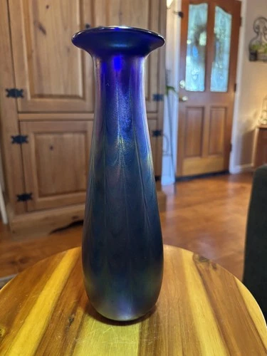 VTG Blown Glass Iridescent Tiffany Style Pulled Feather Vase 10.5” Unsigned