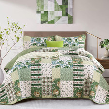 Patchwork Quilt Set Queen Size Sage Green Floral Bedspread Coverlet Set, Green R