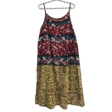 Floral Tiered Maxi Dress XL Boho Cottagecore Relaxed Flowy Burgundy Olive Green