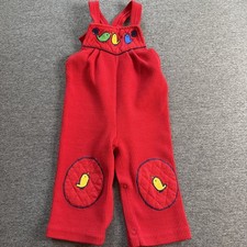 Vtg Toddler Baby Overalls Red Ribbed Duck Bird 12-18M Primary 80s 90s