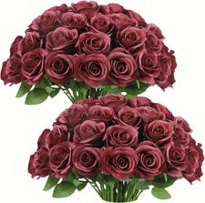 50Pcs Roses Artificial Flowers Fake Flowers with Long Stems Burgundy Silk Flower