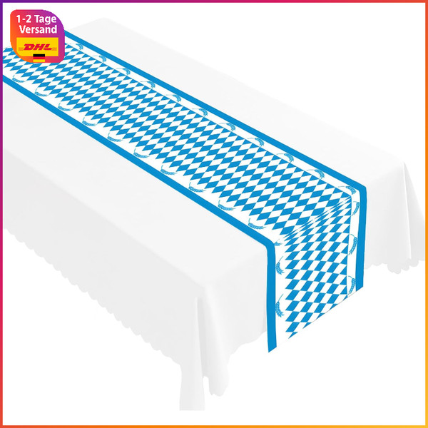 Tischdecke Waschbar Rautenmuster Bayerisch Blau Weiß 35X180 Cm Oktoberfest Party-image