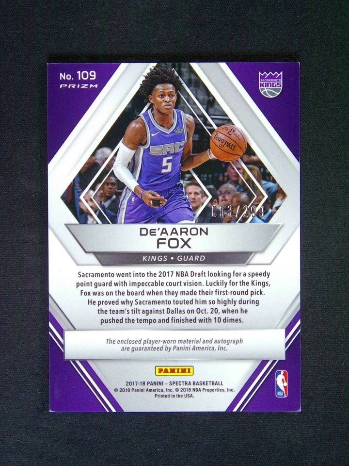 2017-18 Panini Spectra De' Aaron Fox #109 RC Rookie Auto Patch /299 - Image 2 of 3