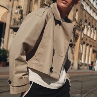 New Zara Womens Cropped Double Breasted Trench Jacket Tan Beige Size M