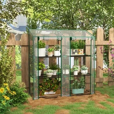 Lean-to Greenhouse with 2 Roll-Up Doors, Portable Small Greenhouse, Clear