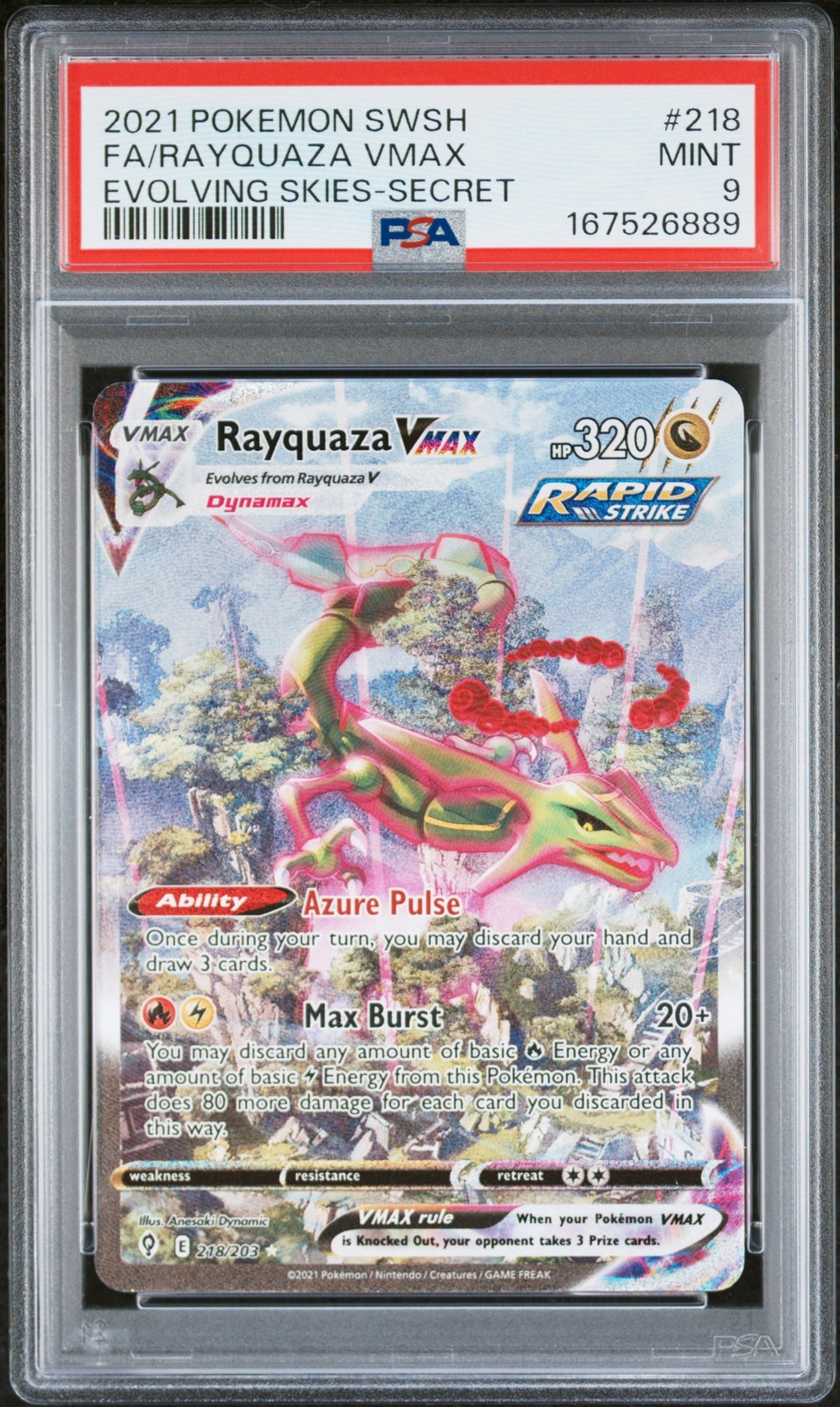 2021 POKEMON SWORD & SHIELD EVOLVING SKIES SECRET FULL ART/RAYQUAZA VMAX PSA 9