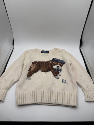 Polo Ralph Lauren Baby 12M Cream Knit Bulldog Dog Sweater Pre-owned AS IS
