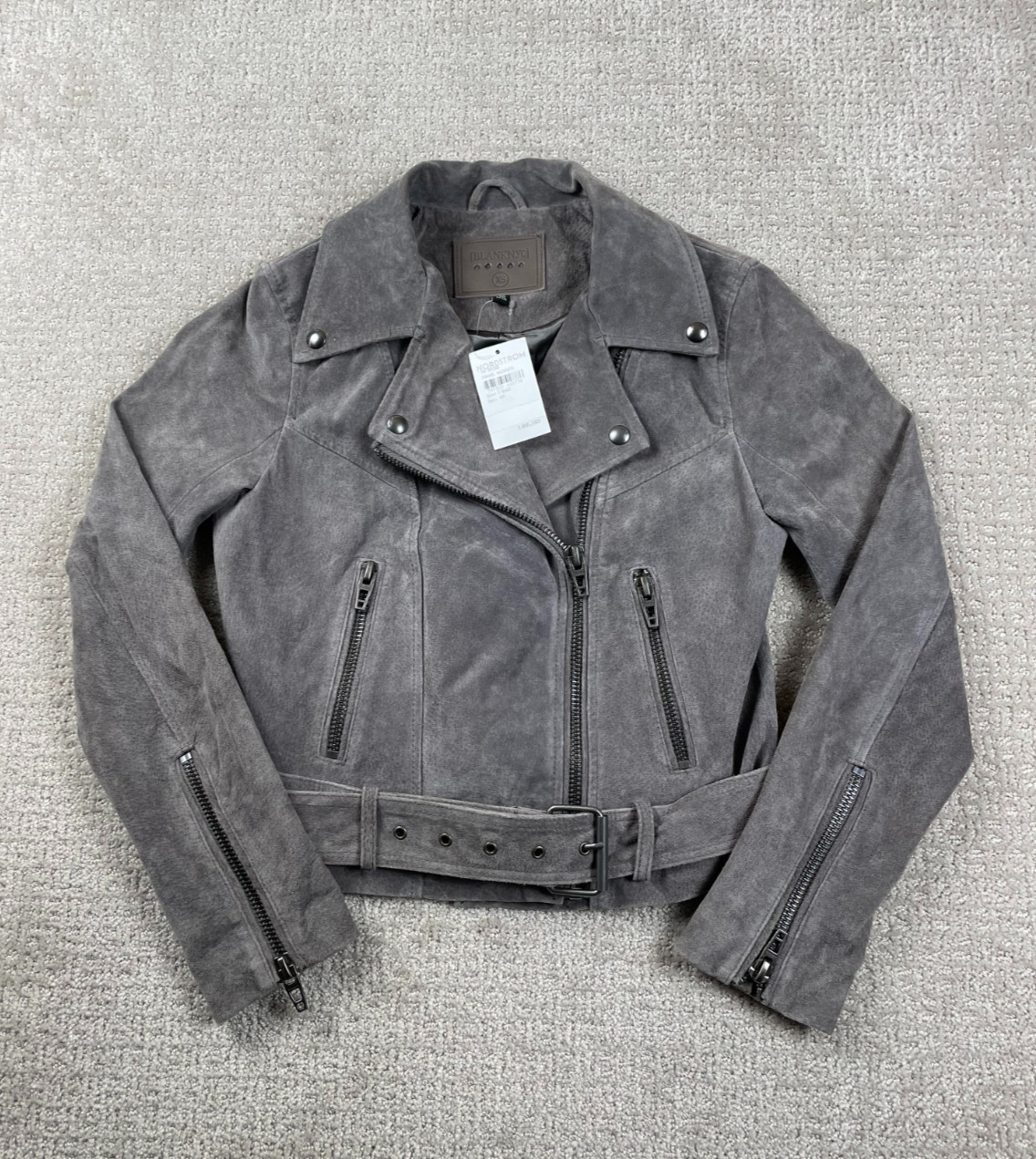 NWT Blank NYC Moto Jacket Womens XS Gray Suede Full Zip Belted Cropped Leather
