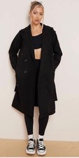 Ladies Double Breasted Thermal Long Coat Tie Waist Jacket with Pockets