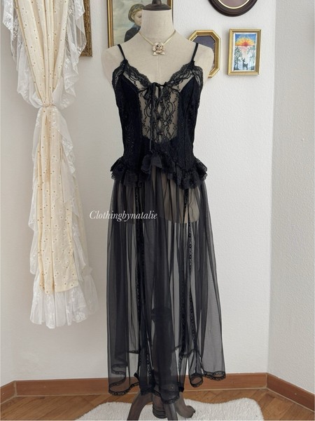 Trés Chic Black Nylon Chiffon Maxi Lingerie Size S/M-Excellent Cond*READ*