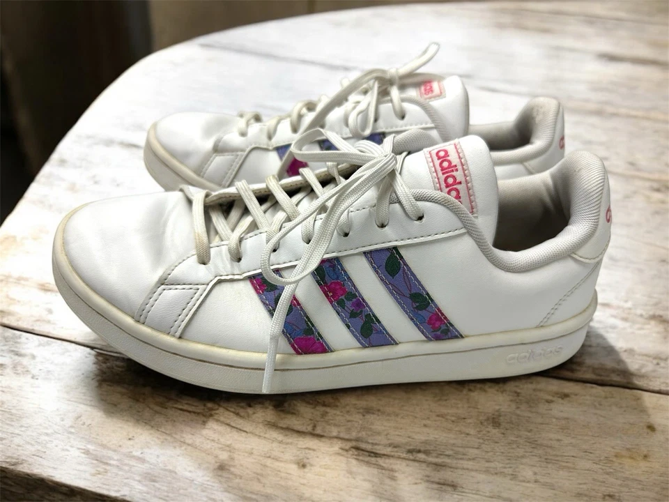Adidas Neo Grand Court Zapatillas Blancas Rosa Y Púrpura Rayas Florales Para Mujer’s 8.5 Foto 3 de 4