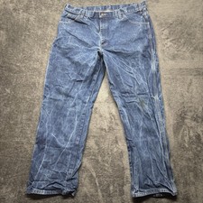 Dickies Jeans Mens 38x32 Blue Denim Straight Carpenter Workwear Marbled Whiskers