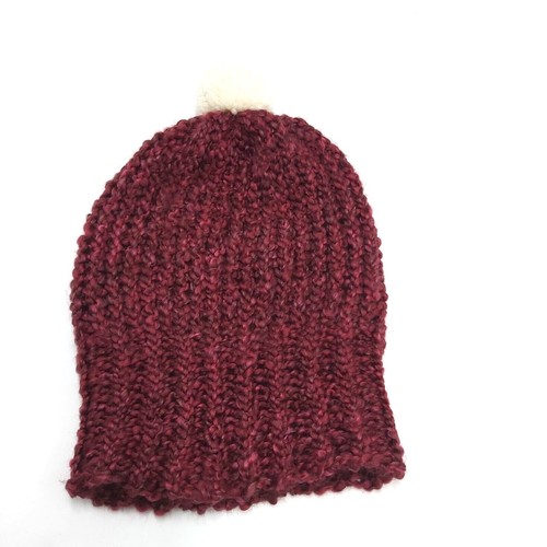 Chunky Beanie Slouch Hat Toque Cream Pompom S-M Dark Burgundy Handmade Loom Knit - Bild 17 von 20