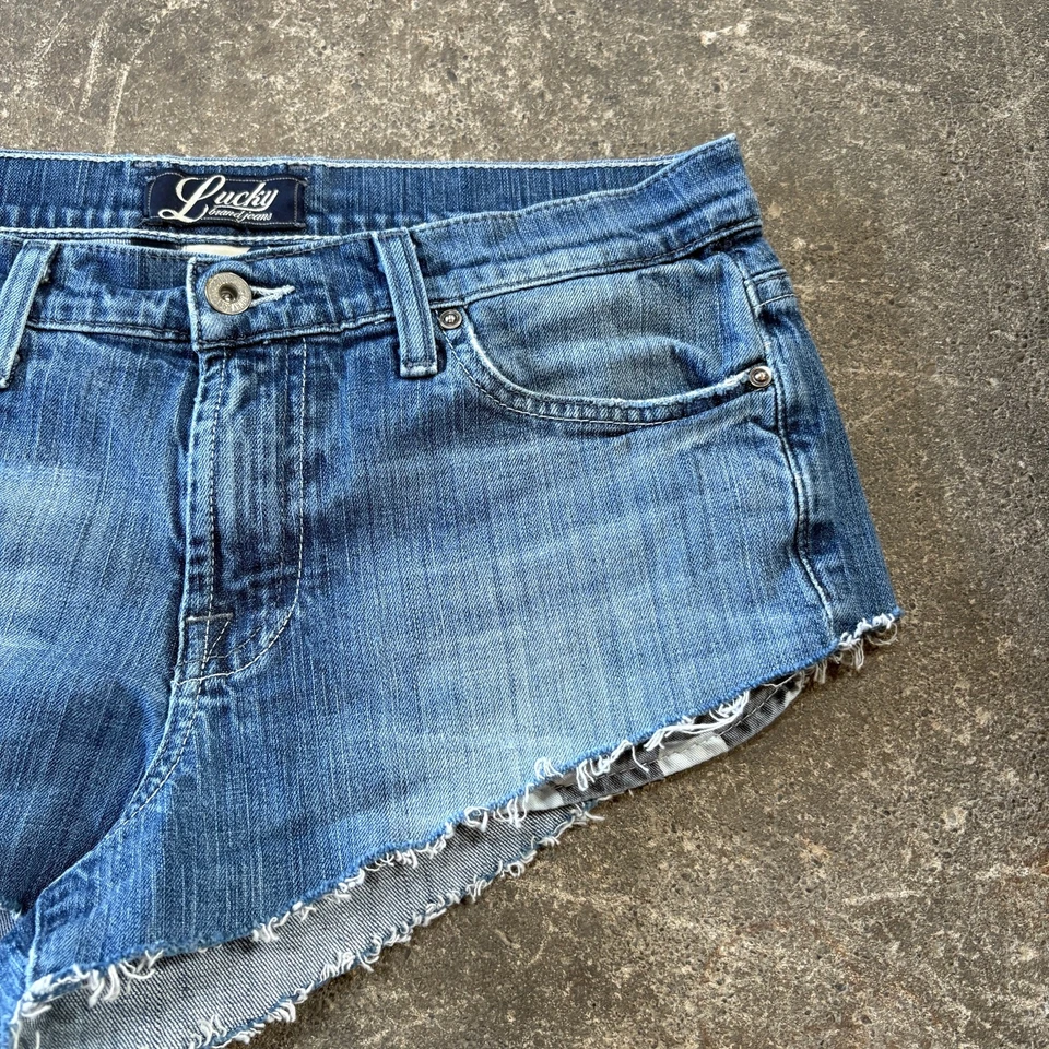 Vintage Lucky Brand Cut Off Denim Jean Shorts Size 10 Blue Faded Y2K Stretch 2" - Image 3 of 4