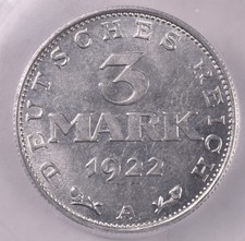 1922-A Germany 3 Mark - ICG MS63 - KM#28,RE 