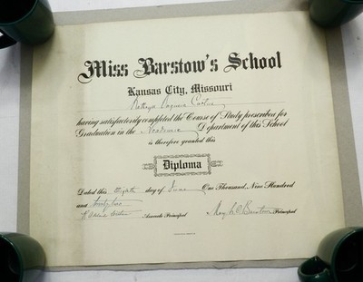 Antique 1922 ''Miss Barstow's School'' HS Diploma,  Kansas City, 17''x14'', G