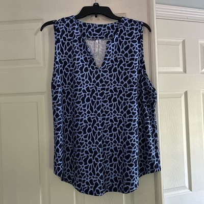 Lulu B Women's Notch Sleeveless Top Size XL Navy & Lt. Blue Leopard UPF50+