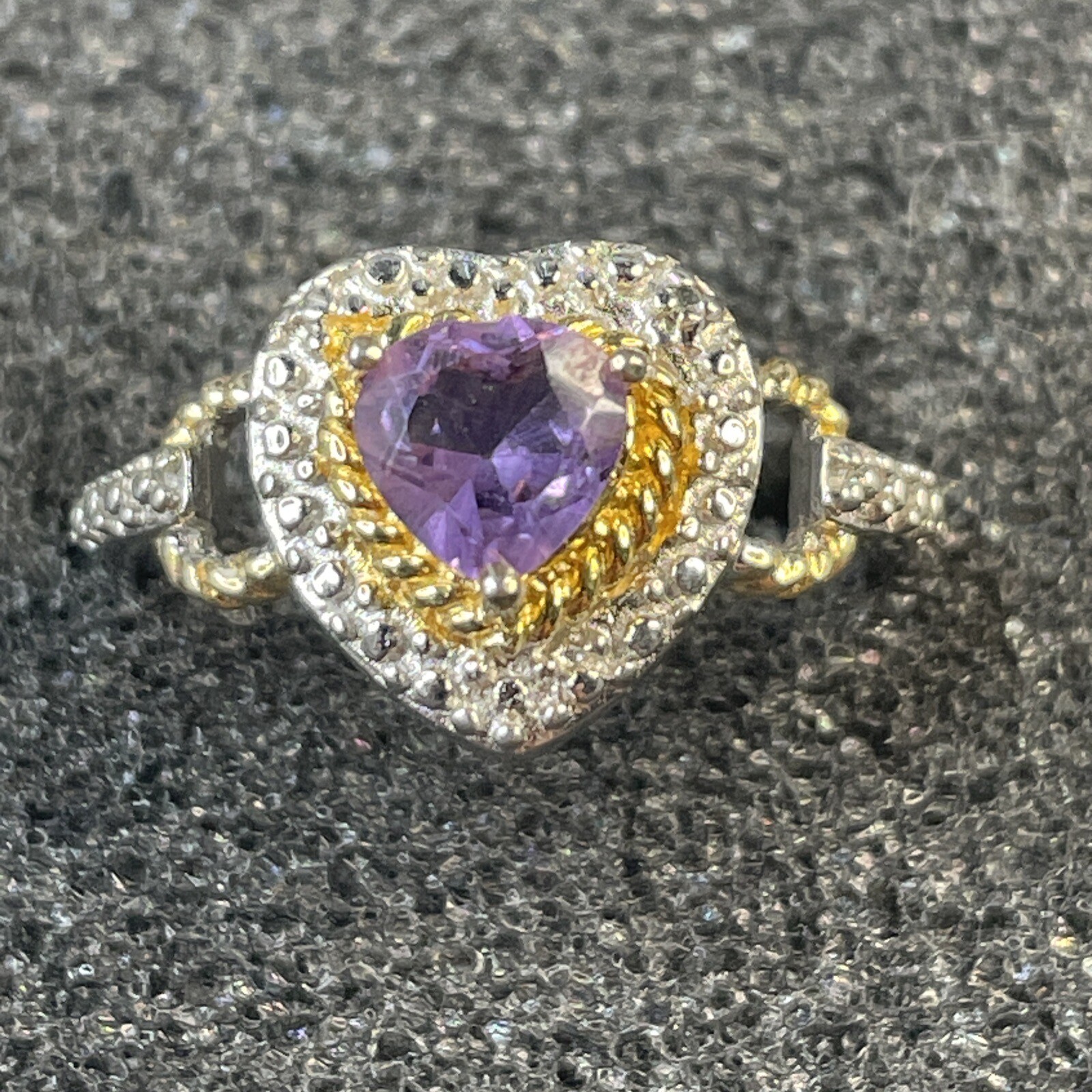 Solid Sterling Two Tone Amethyst Heart Ring Sz 7.… - image 1