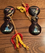 Wooden Castanet Hand Painted Carved Flamenco 2 Sets Matador Black Vintage 2.25"