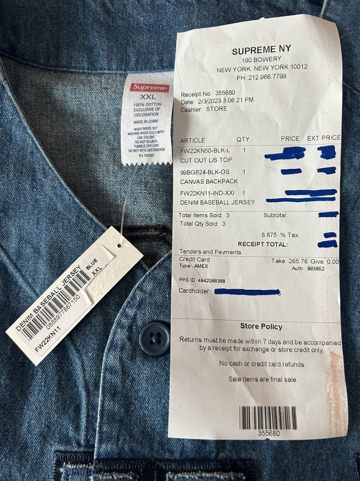 🔥Supreme FW22 Denim Baseball Jersey Denim Size XXL .Sold Out ! With  Receipt.