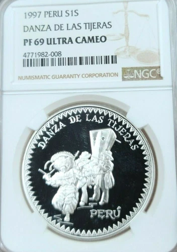 1997 PERU SILVER 1 SOL S1S DANZA DE LAS TIJERAS NGC PF 69 ULTRA CAMEO SCARCE