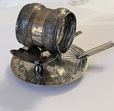 Antique Meriden Silverplate Napkin Ring Holder 2 Butterflies Asian Fan Quadruple