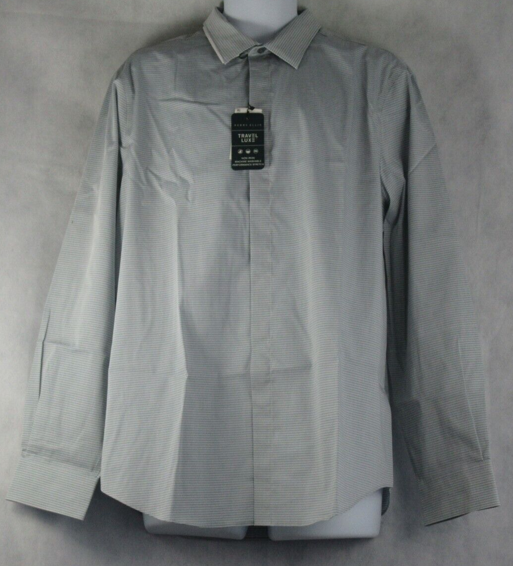 Perry Ellis Men's Horizontal Fine Stripe Button-Down Shirt, Chromite, XL