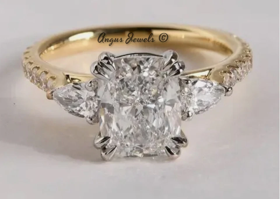 ✨ 2.34CT Cushion Moissanite Ring 💍 14K Yellow Gold 💎 Three Stone Engagement - Image 2 of 4
