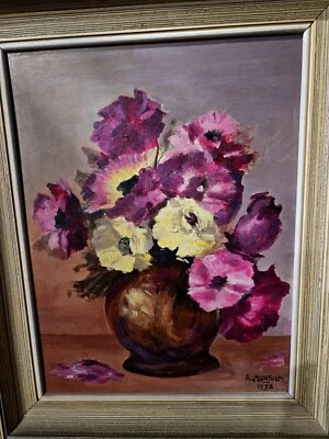 TABLEAU FLORAL-PEINTURE-ROSES ET MYOSOTIS-BOUQUET-1972-à l'aquarelle-SIGNÈ - Photo 1/4