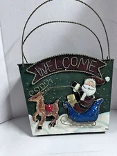 Metal Christmas Santa Card Holder Wall Pocket Basket Hanging Cut Out 10” By 11”