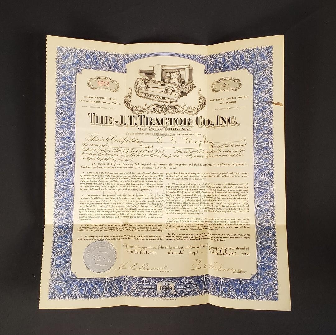 The J.T. Tractor Co.,Inc. New York Stock Certificates Common and Preferred 1920