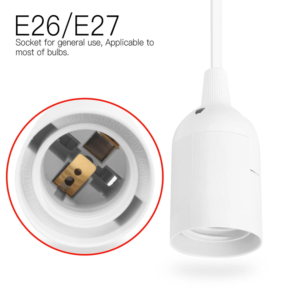2Pcs Light Lamp Cable Switch E26/E27 Bulb Socket Extension Hanging Pendant 1.8M - Image 3 of 4
