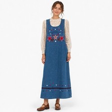 Vintage 90s Carolina Blues Denim Maxi Dress M Embroidered Stars Americana USA