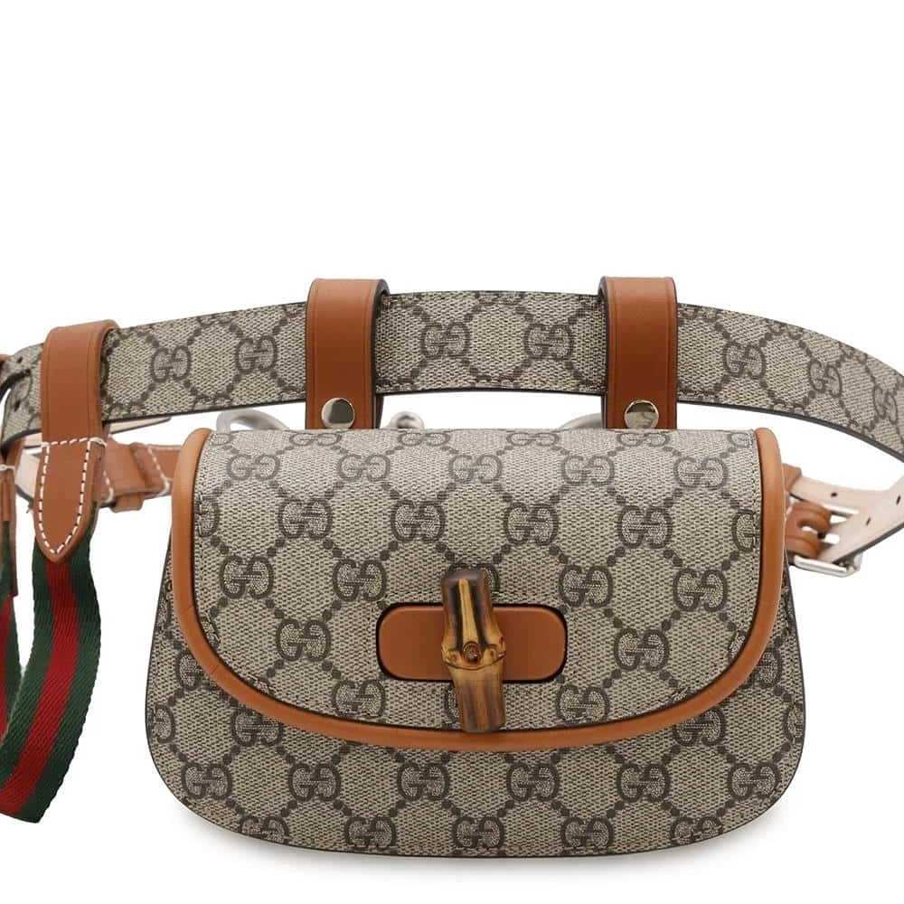 Sac Gucci GG Supreme bambou taille beige marron PVC cuir occasion 8L x 4H x 2,4P po