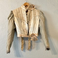 Antique Victorian Cream Silk  Green Dress Bodice Beaded Mutton Sleeve