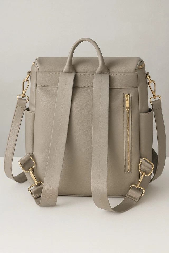 Mochila gris bolsa de pañales grande tamaño completo de cuero vegano diseño Fawn Foto 2 de 3