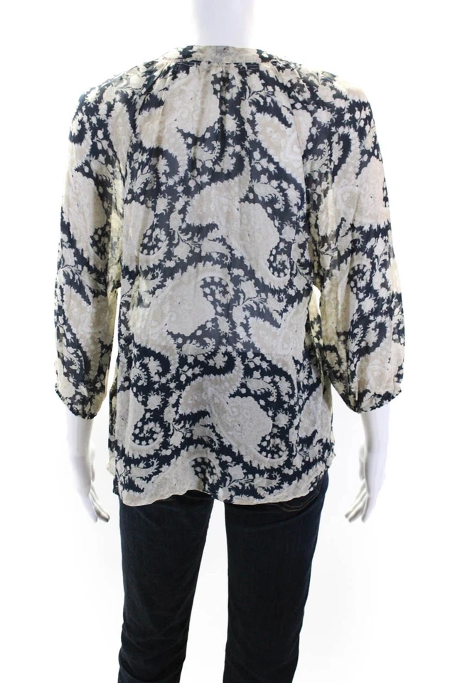 Joie Womens Silk Paisley Print Long Sleeves Blouse Navy Blue Beige Size Small - Image 3 of 4