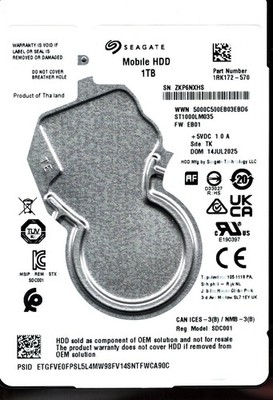 ST1000LM035 P/N: 1RK172-570 F/W: EB01 S/N: ZKP6N 1TB JUL 2025 THAILAND SEAGATE
